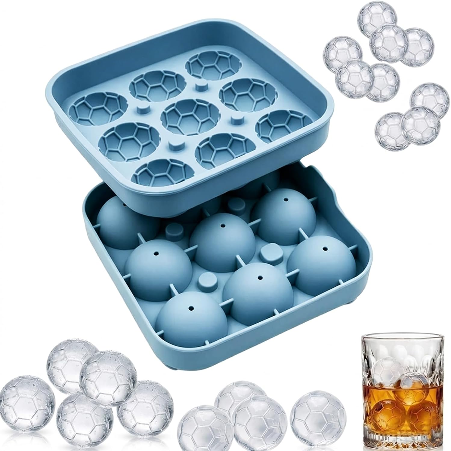 Ice Mold Sphere - Fußball-Eiswürfelformen, 9/4-Fach-Silikon-Fußball-Eisform, wiederverwendbare Sport-Eisform für Spieltags-Partyzubehör